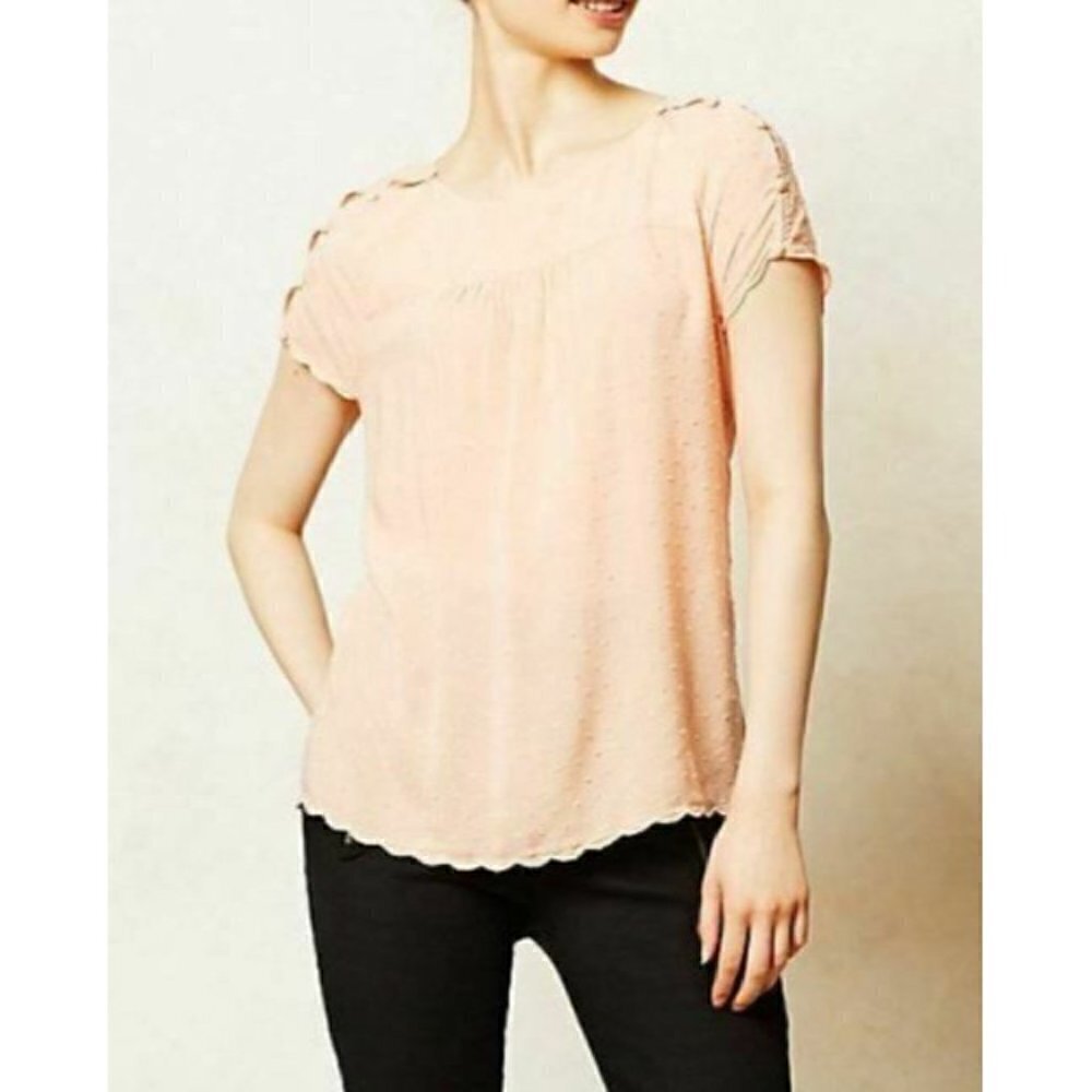 Anthropologie Maeve Top Womens 4 Peach Swiss Dot Scalloped Hem Cottagecore Boho